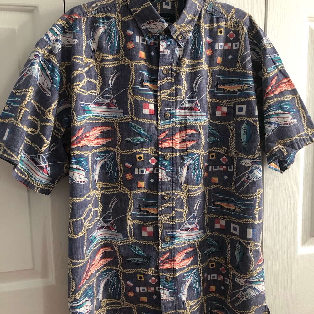 Vintage Mens Nautical Boating Fisherman Short Sleeve Button Down Graphic Shirt